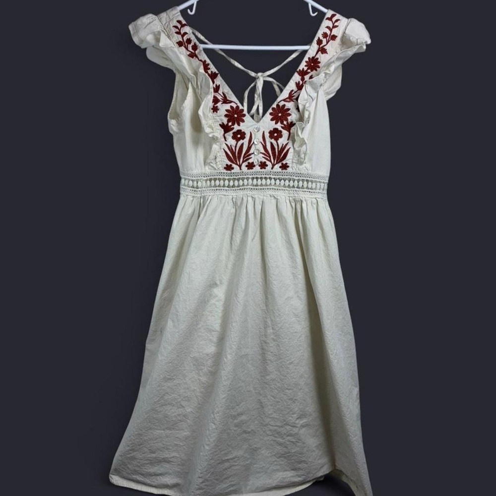 SHEIN Cream Boho Embroidered Midi Dress Small Red Floral Cottagecore Ruffle